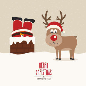 Animation of rudolph on snow covered roof with santa stuck upside down in chimney